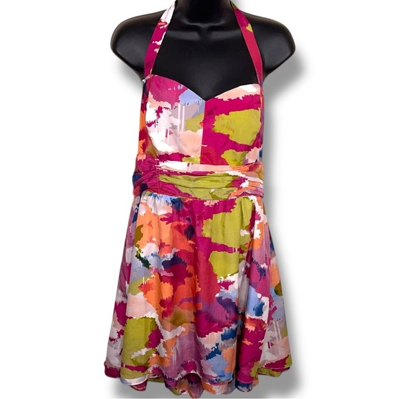 Size 12 Guess Colorful Halter Style Dress Sleeveless Retro Pinup Sweetheart Neck - Picture 1 of 16